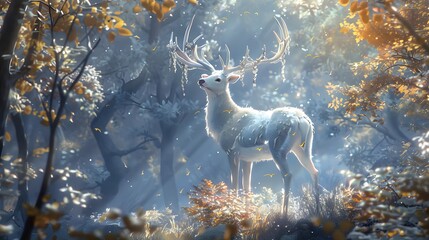 Fototapeta premium A majestic white deer with perfect antlers, and beautiful winter scenery