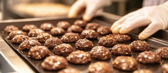 Freshly Baked Brown Christmas Cookie Macaroons on a Tray in a Bakery Kitchen with a Focus on Preparation and Detail