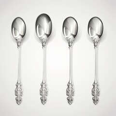 This image features a beautiful set of four vintage silver spoons with intricate handles and a shiny finish, elegantly arranged on a clean white background, perfect for any dining occasion.