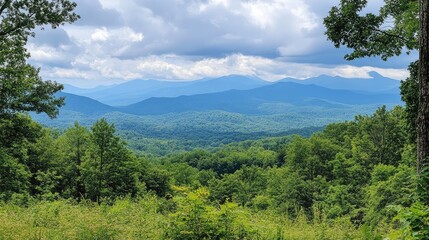 Scenic mountain landscape with lush greenery under cloudy sky showcasing natural beauty and tranquility in outdoor adventure setting
