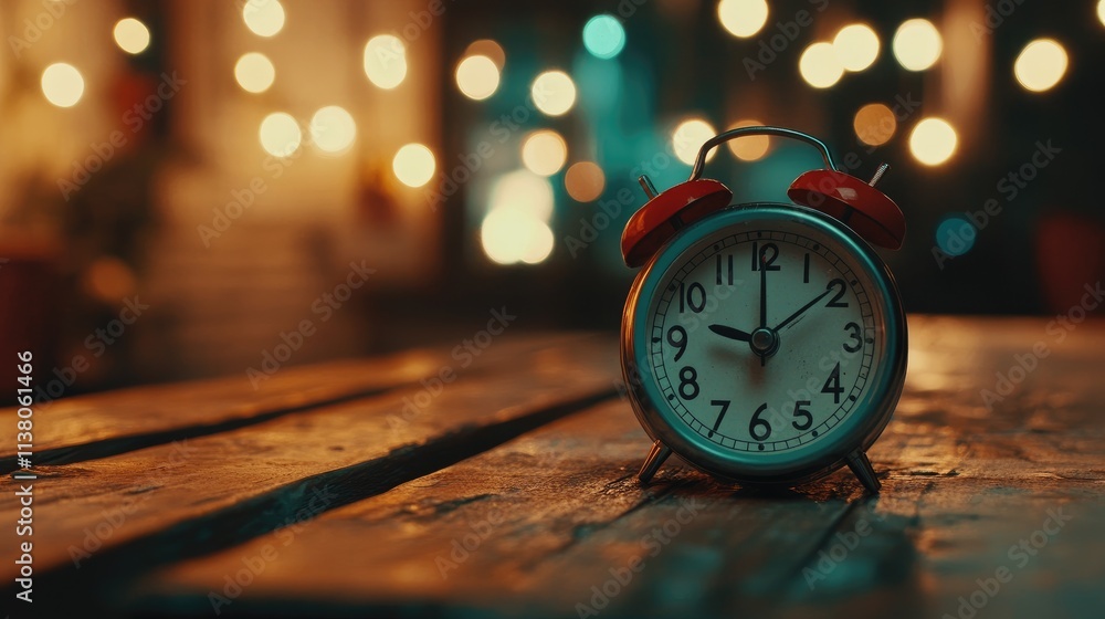 Poster vintage alarm clock on rustic wooden table with soft bokeh lights creating a warm and nostalgic ambi