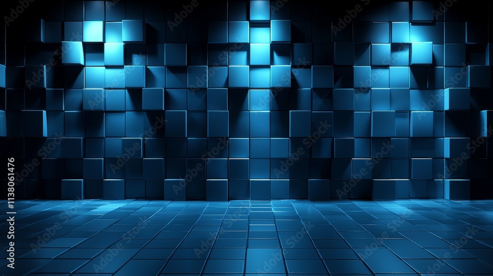 Poster a tech abstract wallpaper created with blue 3d blocks. 3d render.