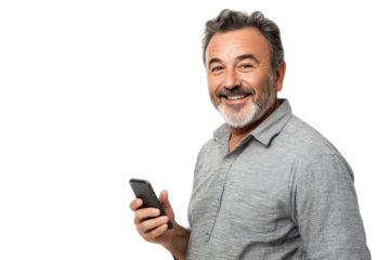 Portrait of pleased handsome man using mobile phone isolated over PNG