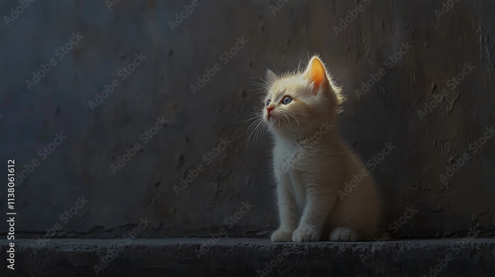 Poster charming three-week-old kitten gazing thoughtfully in soft light against a textured background