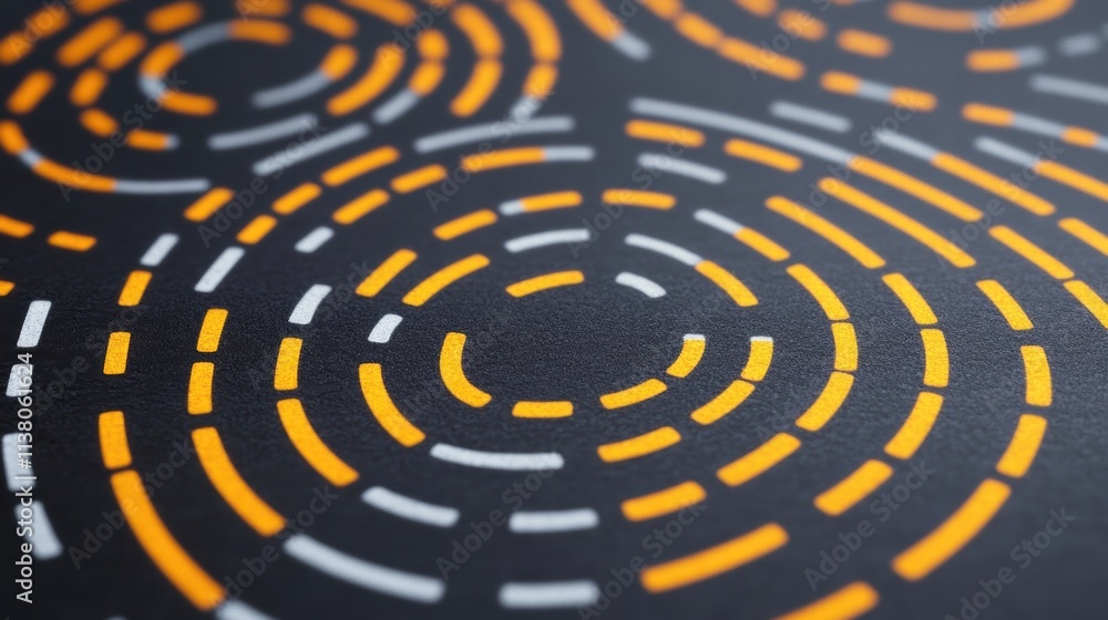 Poster vibrant abstract pattern of concentric circles in orange and white on a dark background, creating dy