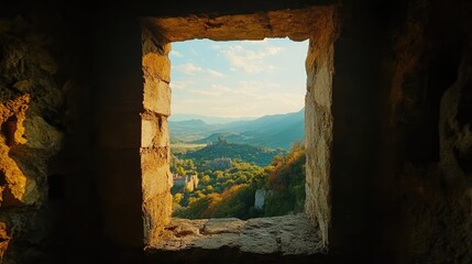Scenic Landscape Through Historic Castle Window Overlooking Countryside and Mountains