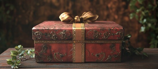 Elegant vintage gift box wrapped with a luxurious ribbon on wooden table surrounded by greenery and soft natural lighting