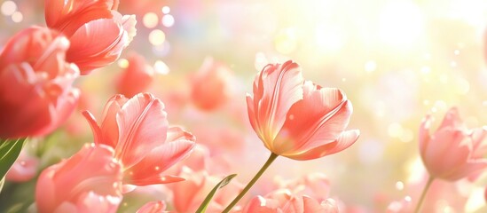 Obraz premium Pink tulip flowers in a sunlit garden celebrating Women's Day with soft bokeh and space for custom text or messages