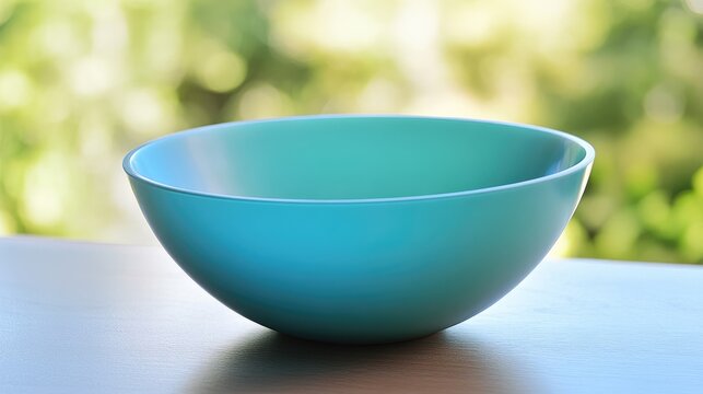 Minimalist turquoise plastic bowl on a wooden surface with a blurred green background showcasing simplicity and practicality in design.