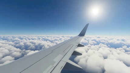 Obraz premium Aerial view from airplane window showcasing wing soaring above fluffy clouds under a bright sunlit sky