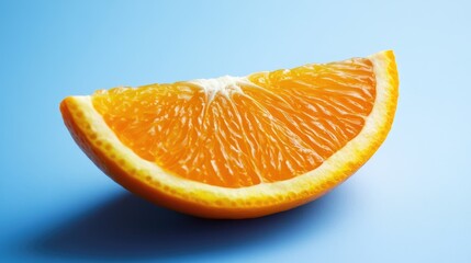 Juicy orange slice on a soft blue background highlighting vibrant colors and textures ideal for...