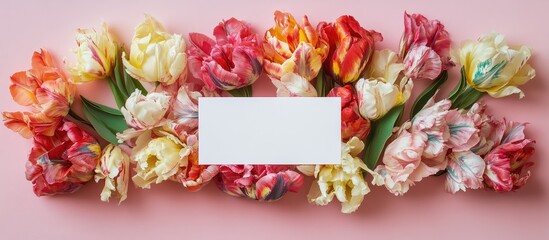 Colorful parrot tulips arranged in a flatlay on a pink backdrop with a blank card for spring holiday ideas and copy space.