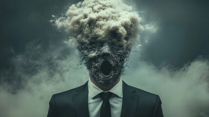 A surreal image of a man in a suit with a cloud for a head, symbolizing chaos and confusion in a professional environment.