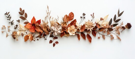Autumn floral arrangement with dried leaves and flowers on a white backdrop creating a seasonal decoration concept for fall themes