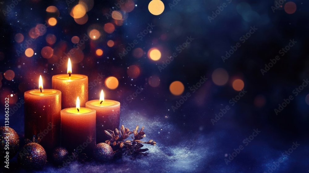 Poster warm candles illuminate a serene setting, creating a peaceful atmosphere with soft bokeh lights in t