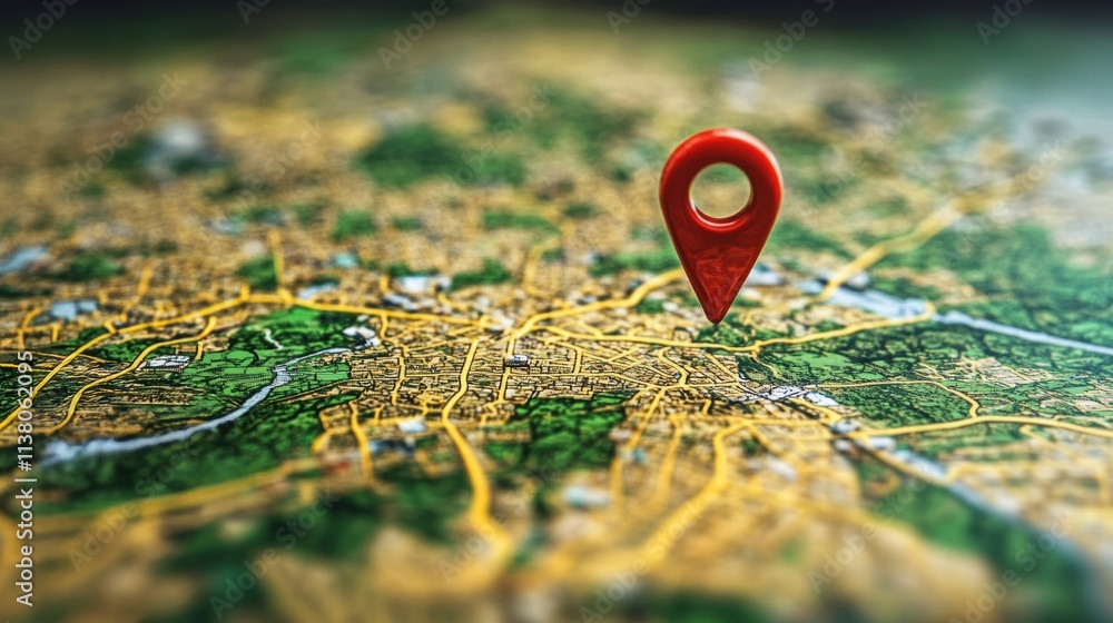 Poster close-up of a map with a red location pin, highlighting navigation and travel concepts.