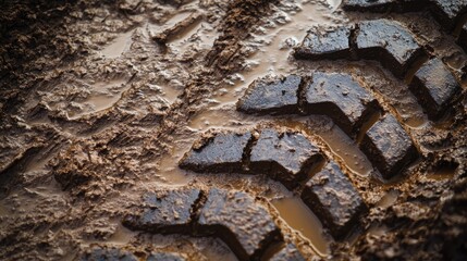 Tractor Tire Tracks in Mud Texture on Farm Ground Capturing Rural Agriculture Soil Patterns and Heavy Machinery Impact