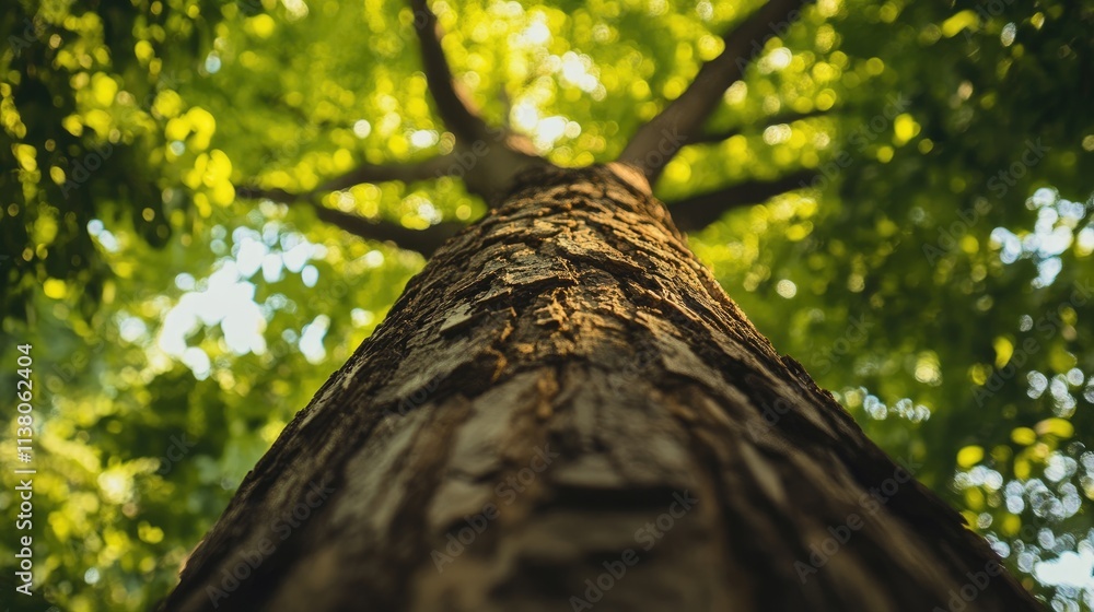 Poster tree trunk and canopy view capturing the textured bark and lush green foliage from below in a serene