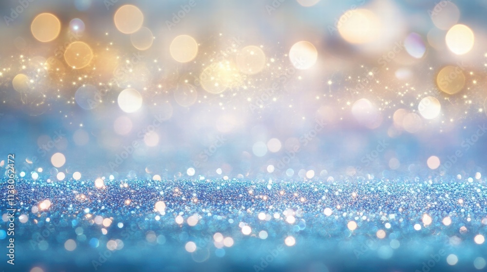 Poster a beautiful abstract background featuring shimmering bokeh lights and sparkling glitter in soft blue
