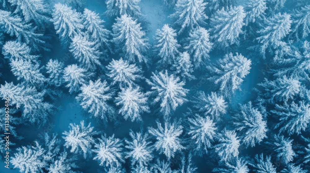 Poster aerial view of frost-covered evergreen trees creating a serene winter landscape perfect for backgrou