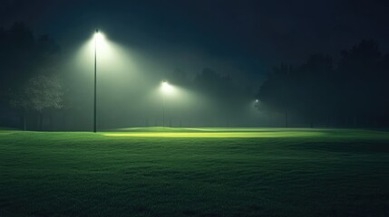 Serene nighttime view of a golf course fairway illuminated by street lamps before sunrise ideal for early morning recreation and leisure.
