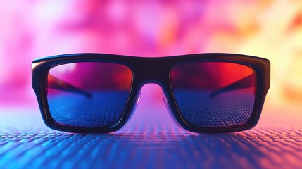 3D polarized glasses displayed on a colorful abstract background showcasing visual effects and modern design elements