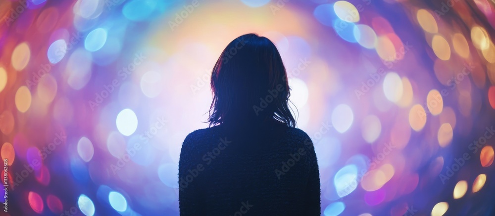 Poster silhouette of a person against a vibrant abstract circular bokeh backdrop creating a dreamlike and c