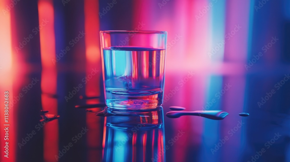 Poster colorful reflections of a glass of water on a wet surface with moody lighting creating an abstract a