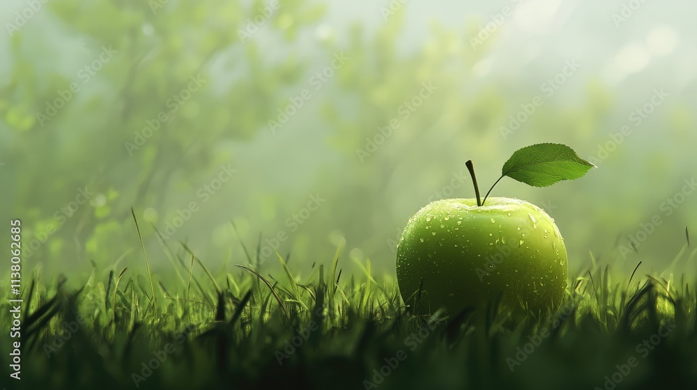 Poster single fresh green apple resting on dew-covered grass with soft blurred background and natural sunli