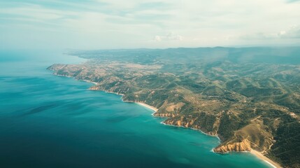 Aerial coastal landscape view from airplane window showcasing serene blue waters and lush green...