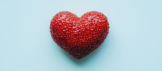 Red heart-shaped strawberry on light blue background symbolizing love and freshness for food and romantic themes.