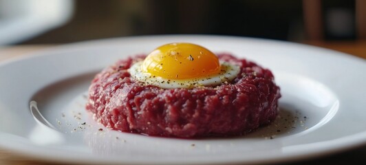 Steak tartare with a fried egg on top, served on a white plate. A gourmet dish, perfect for a fine dining experience.