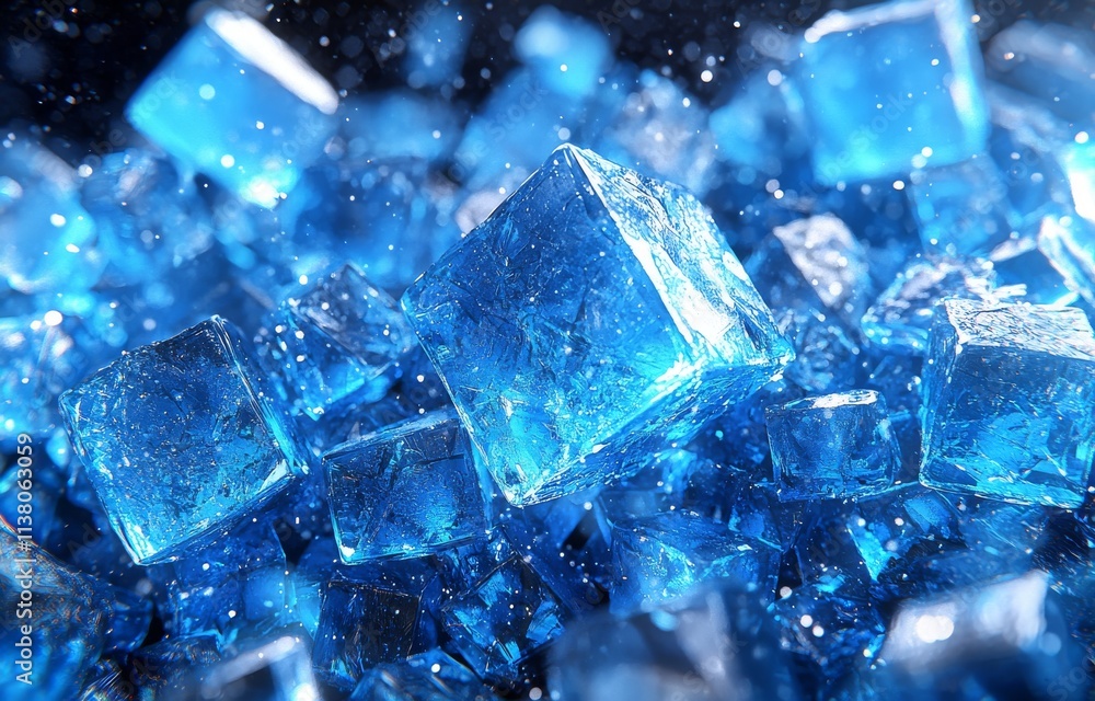 Poster an image of a background with abstract transparent glass blocks in diverse shapes, set against a blu