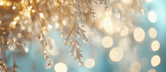 Elegant holiday decor with shimmering ornaments and soft bokeh lights creating a festive Christmas atmosphere