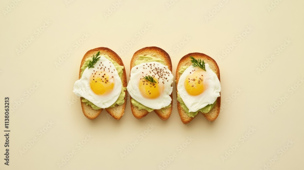 Poster smoked salmon toasts with avocado cream and poached eggs garnished with sesame seeds on a light back