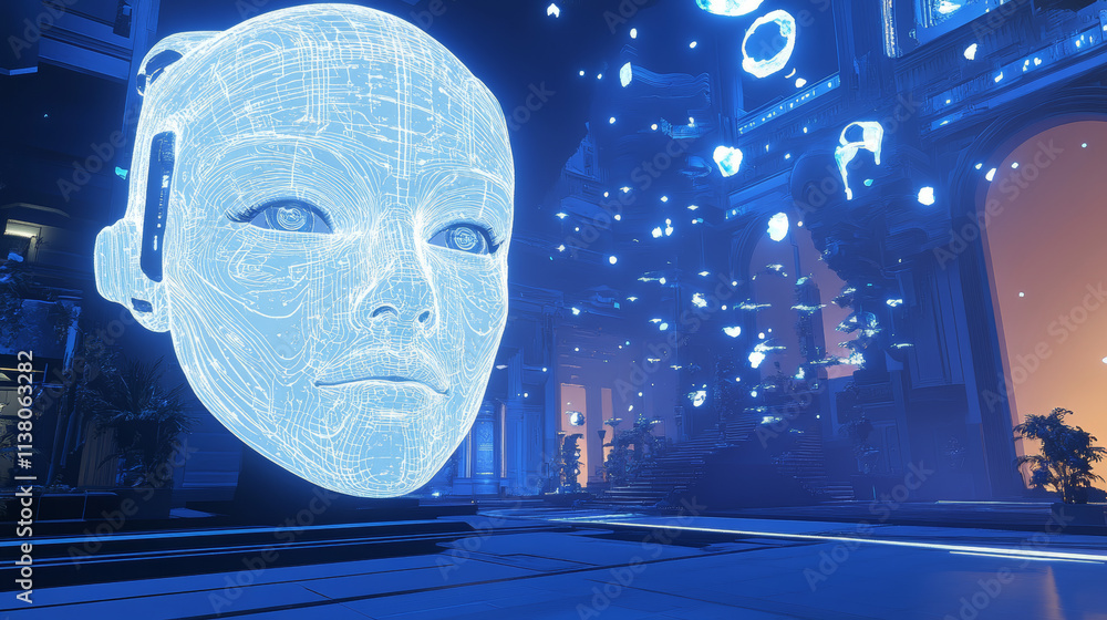 Aufkleber neon face silhouette in cyberspace. digital technology abstract conceptual banner. human neon face i