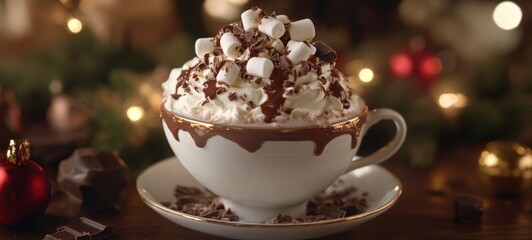 A Festive Hot Chocolate Delight: Indulge in this rich, creamy hot chocolate topped with marshmallows and chocolate shavings, perfect for a cozy winter evening.