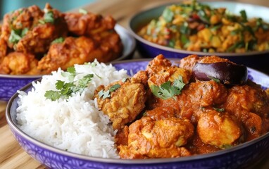 Fototapeta premium A colorful display of four Indian chicken dishes, including golden fried chicken on a bed of fluffy white rice, spicy chicken curry with coriander garnish