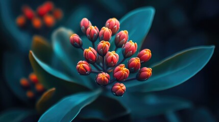Vibrant Skimmia Japonica Rubella Flower Buds Showcasing Winter Colorful Blooms Against Dark Leafy Background