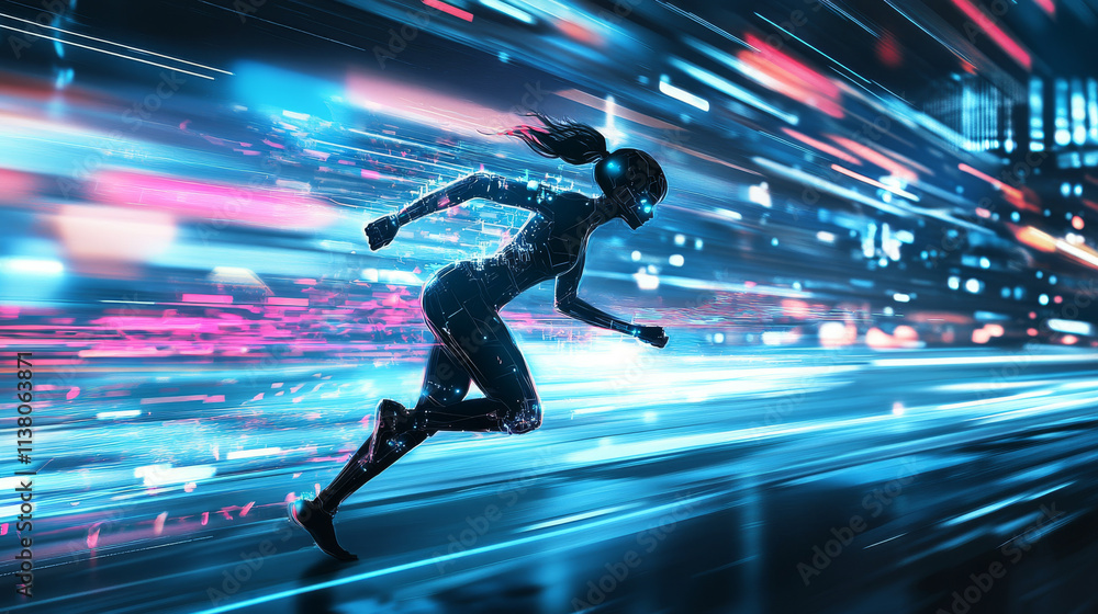 Poster ai robot cyborg running on screen smartphone in hand. cybernetic girl accelerates in cyberspace. art