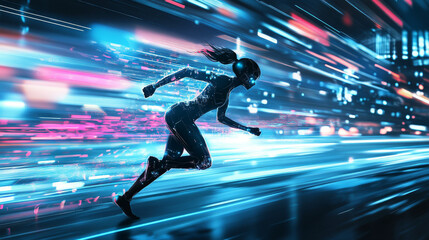 AI Robot cyborg running on screen smartphone in hand. Cybernetic girl accelerates in cyberspace. Artificial intelligence, neural networks, 5g internet speeds up phone. Flying Hi-speed internet signals
