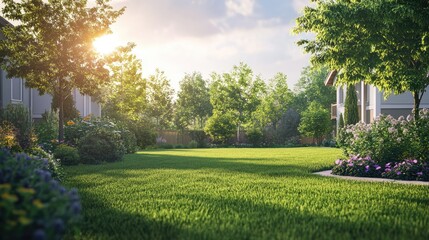 Fototapeta premium Summer backyard scene with lush green grass and vibrant trees in a residential area illuminated by warm sunlight.