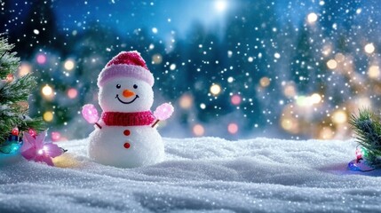 Fototapeta premium Cheerful snowman adorned with a red hat in a snowy winter landscape, surrounded by twinkling lights and vibrant decorations.