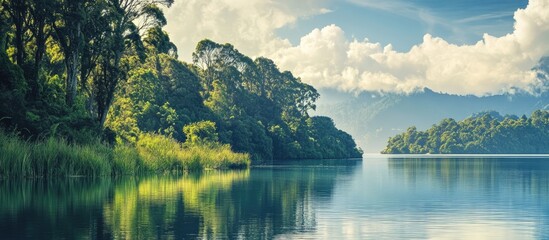 Obraz premium Serene shoreline with vibrant greenery and tranquil water reflecting a picturesque landscape under a blue sky with soft clouds
