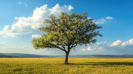 Obraz premium Serene landscape with a solitary tree under a blue sky and fluffy clouds in a golden grassy meadow during a sunny day