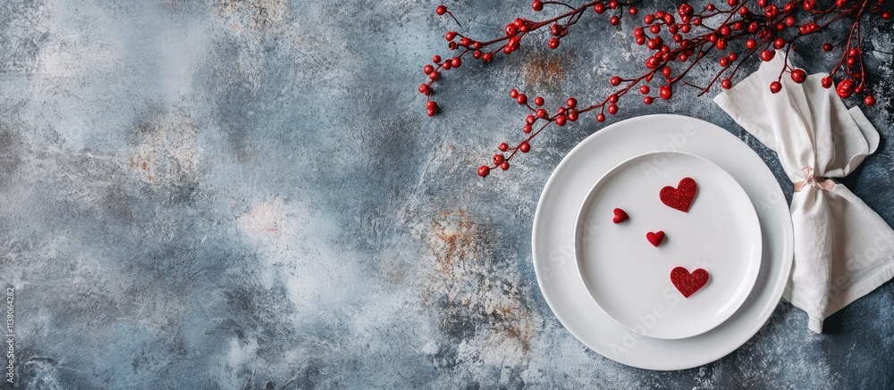 Poster festive table setting with white plate and heart decorations on gray stone surface aerial view with 