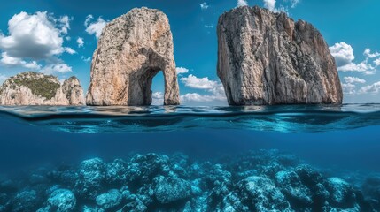 Stunning split underwater view showcasing rocky seascape and clear blue sky with vibrant marine life and natural rock formations
