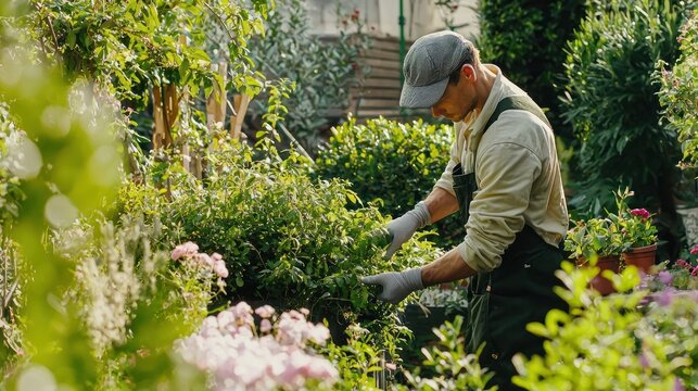 A gardener trimming the foliage of shrubs to maintain a neat garden