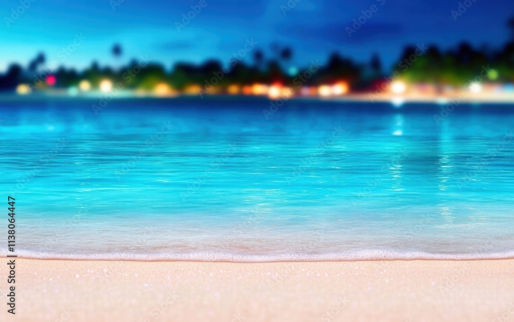 Aufkleber serene beach scene at dusk with gently lapping waves and sparkling water under a soft evening light.