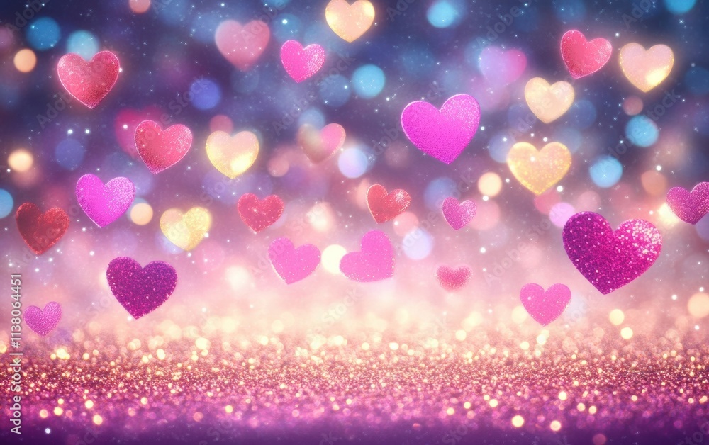 Poster colorful sparkling hearts float in a dreamy bokeh background, creating a romantic atmosphere for cel